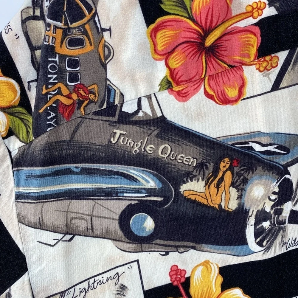 Vintage Hawaiian Shirt War Planes Pin-Up Girls Floral